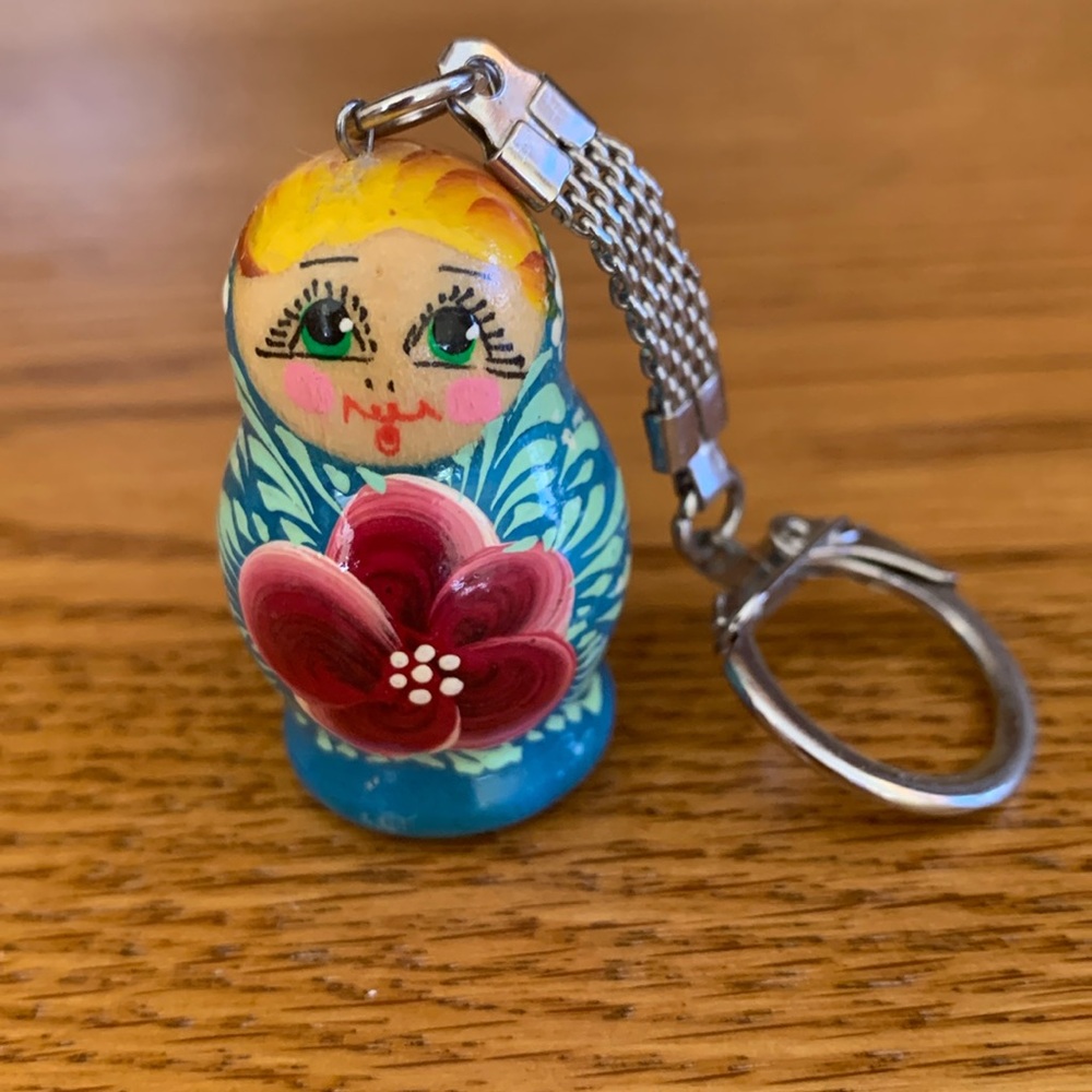 Vintage Hand Painted Wooden Matryoshka Babushka Doll Keychain Russian Folk Art C